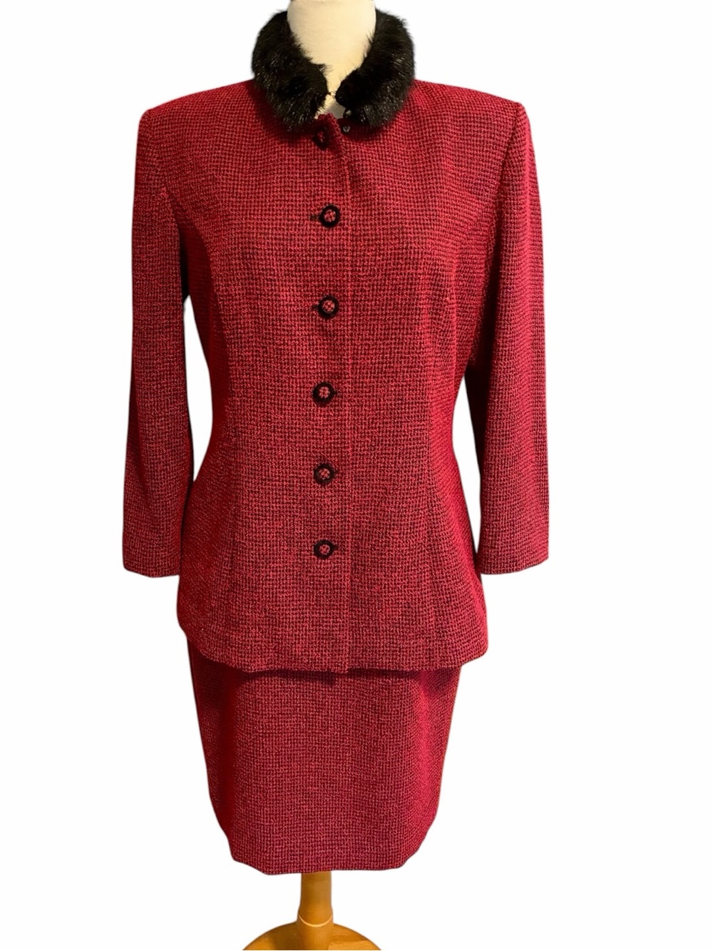 VINTAGE Red Textured One-Piece Skirt Set Faux Fur Collar Women's Size 10